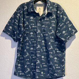 Ripton Mens LARGE Denim Button Up Short Sleeve Shirt Large Blue Fish Print